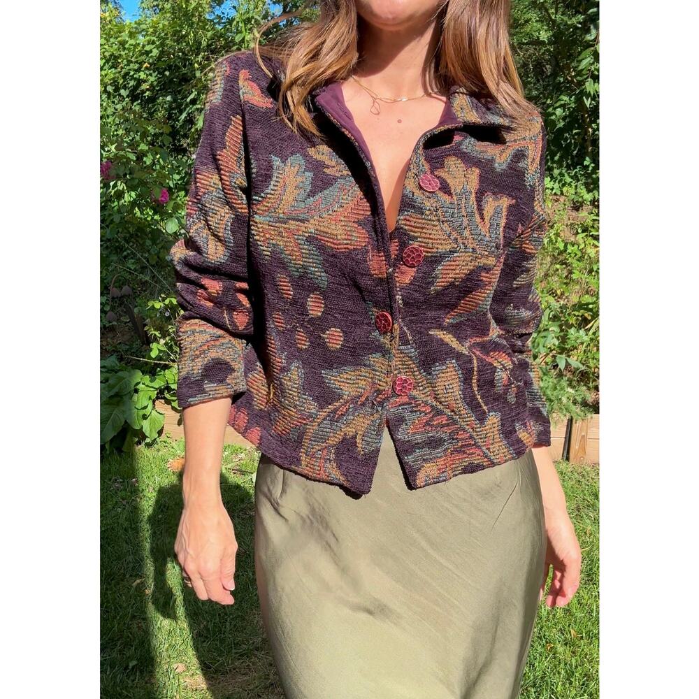 Tapestry Blanket Jacket — Plum + Olive Weave